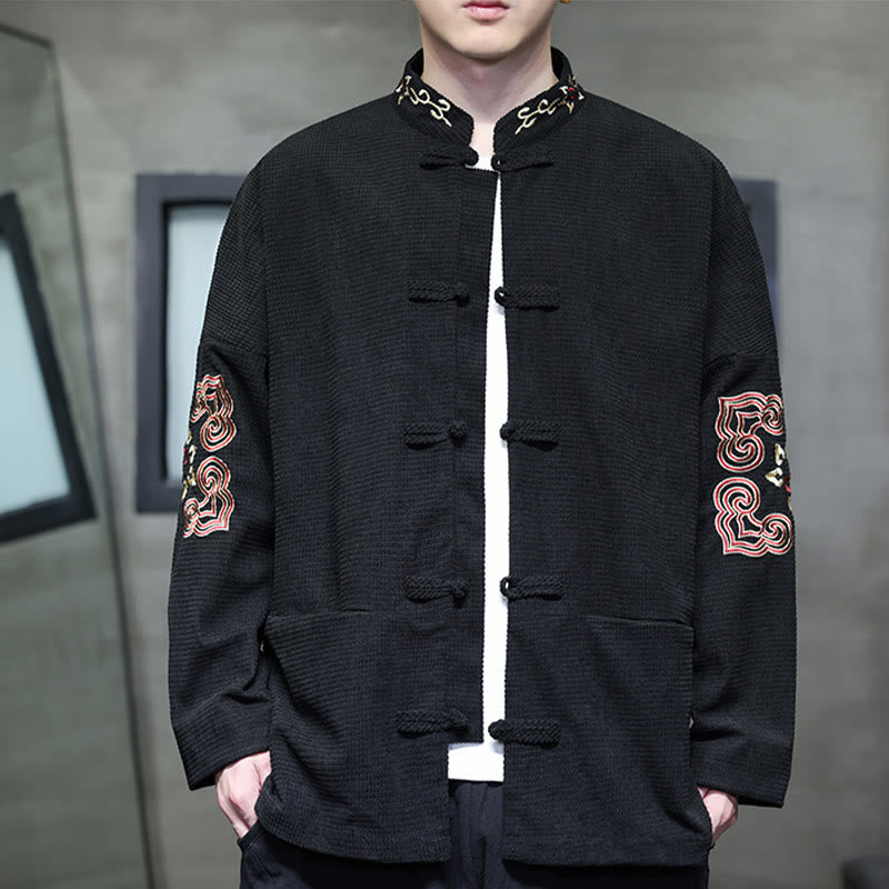 Buddha Stonesメンズ フロッグボタン タンスーツ コーデュロイ コットン 刺繍 ロングジャケット シャツ ポケット付き