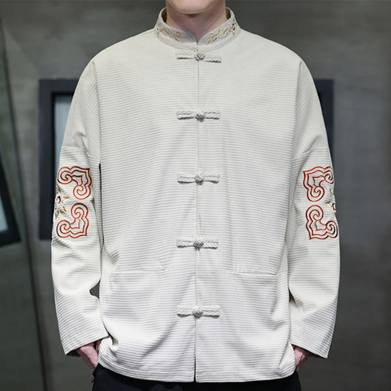 Buddha Stonesメンズ フロッグボタン タンスーツ コーデュロイ コットン 刺繍 ロングジャケット シャツ ポケット付き