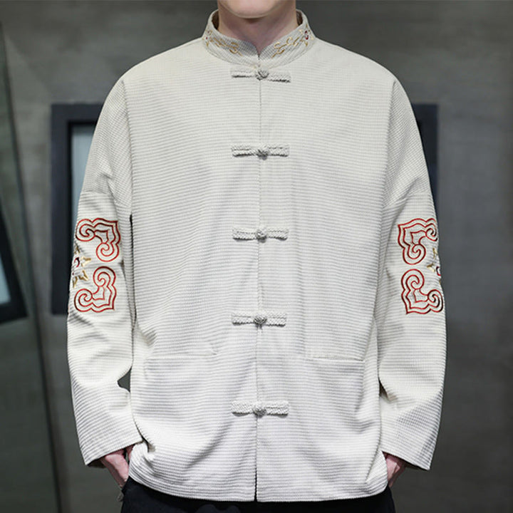 Buddha Stonesメンズ フロッグボタン タンスーツ コーデュロイ コットン 刺繍 ロングジャケット シャツ ポケット付き