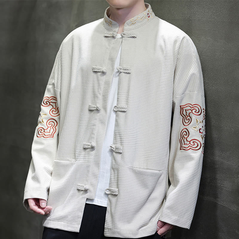 Buddha Stonesメンズ フロッグボタン タンスーツ コーデュロイ コットン 刺繍 ロングジャケット シャツ ポケット付き