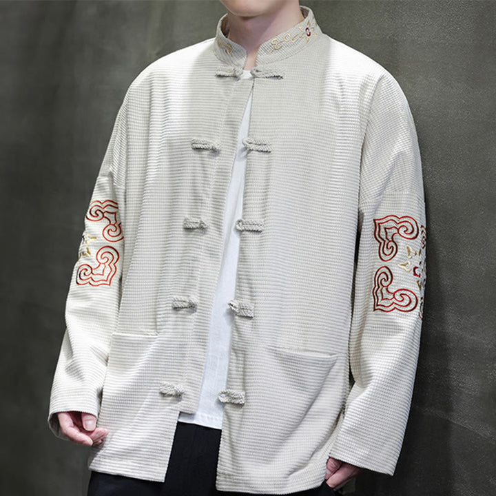 Buddha Stonesメンズ フロッグボタン タンスーツ コーデュロイ コットン 刺繍 ロングジャケット シャツ ポケット付き