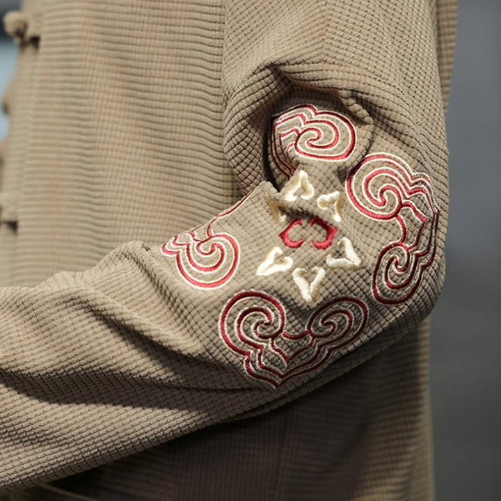 Buddha Stonesメンズ フロッグボタン タンスーツ コーデュロイ コットン 刺繍 ロングジャケット シャツ ポケット付き