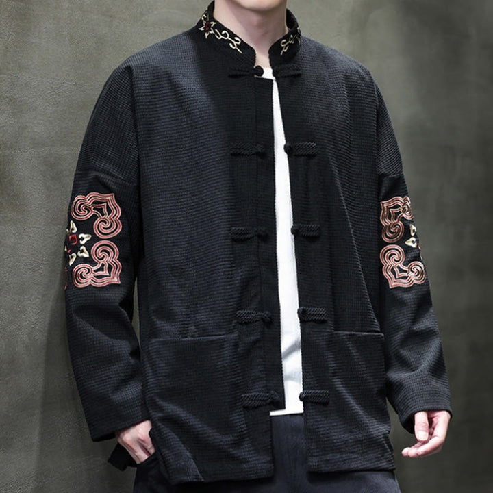 Buddha Stonesメンズ フロッグボタン タンスーツ コーデュロイ コットン 刺繍 ロングジャケット シャツ ポケット付き