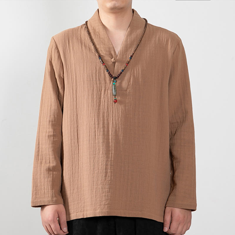 Buddha Stones秋 シンプル Vネック 長袖 Tシャツ コットン メンズ 服