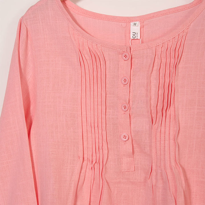 Buddha Stonesラウンドネック カジュアル プリーツ 長袖シャツ コットンリネン レディース シャツ - image 10