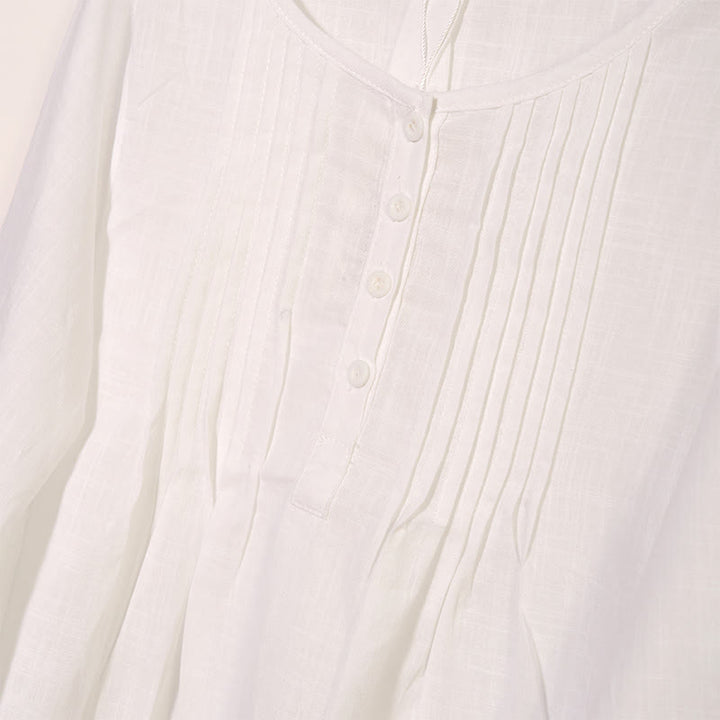 Buddha Stonesラウンドネック カジュアル プリーツ 長袖シャツ コットンリネン レディース シャツ - image 7