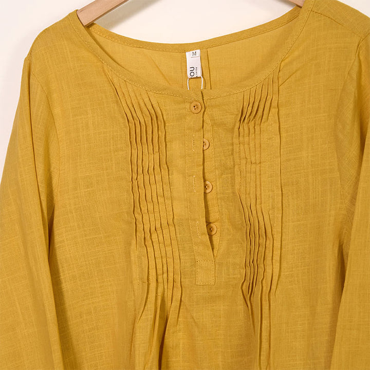 Buddha Stonesラウンドネック カジュアル プリーツ 長袖シャツ コットンリネン レディース シャツ - image 2