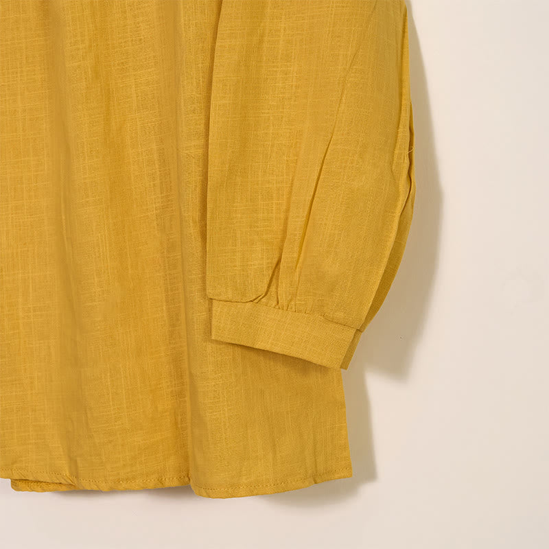 Buddha Stonesラウンドネック カジュアル プリーツ 長袖シャツ コットンリネン レディース シャツ - image 3