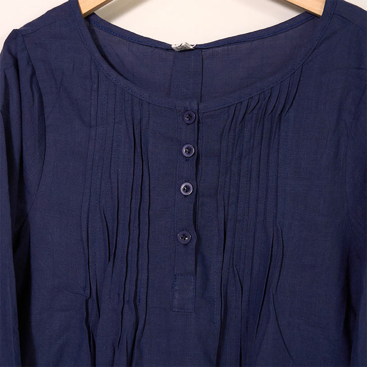 Buddha Stonesラウンドネック カジュアル プリーツ 長袖シャツ コットンリネン レディース シャツ - image 14