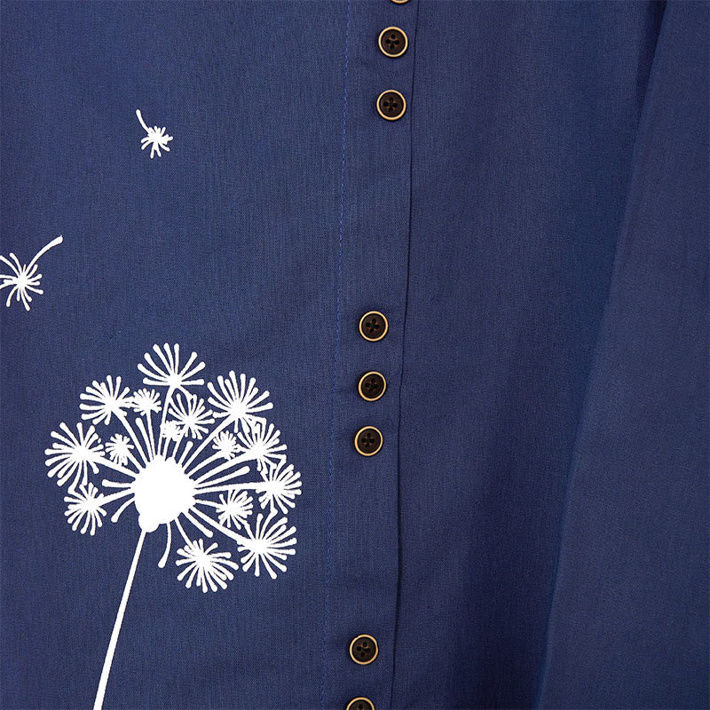 Buddha Stonesカジュアル ダンデライオン 長袖 ラウンドネック シャツ コットンリネン レディース シャツ