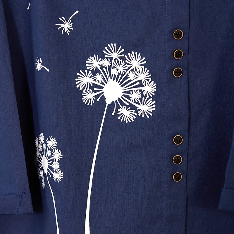 Buddha Stonesカジュアル ダンデライオン 長袖 ラウンドネック シャツ コットンリネン レディース シャツ