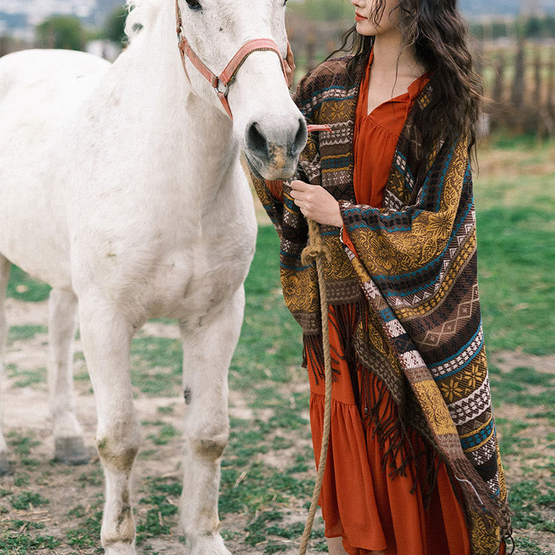 Buddha Stones幾何学模様 横縞 花 葉 タッセル ショール 秋冬 心地よいスカーフ ラップ