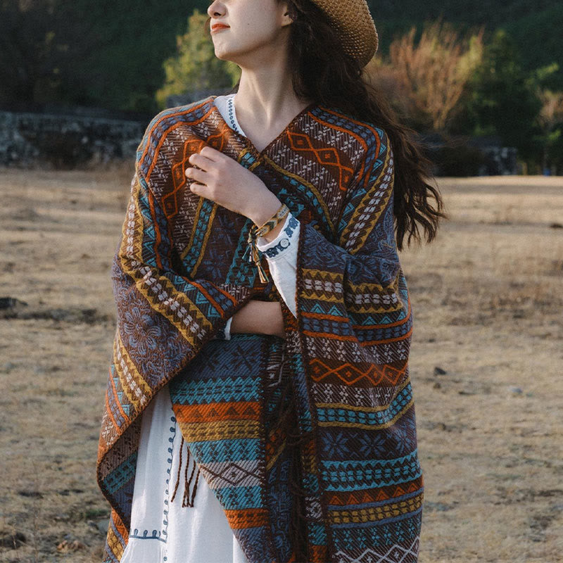 Buddha Stones幾何学模様 横縞 花 葉 タッセル ショール 秋冬 心地よいスカーフ ラップ