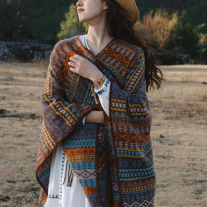 Buddha Stones幾何学模様 横縞 花 葉 タッセル ショール 秋冬 心地よいスカーフ ラップ