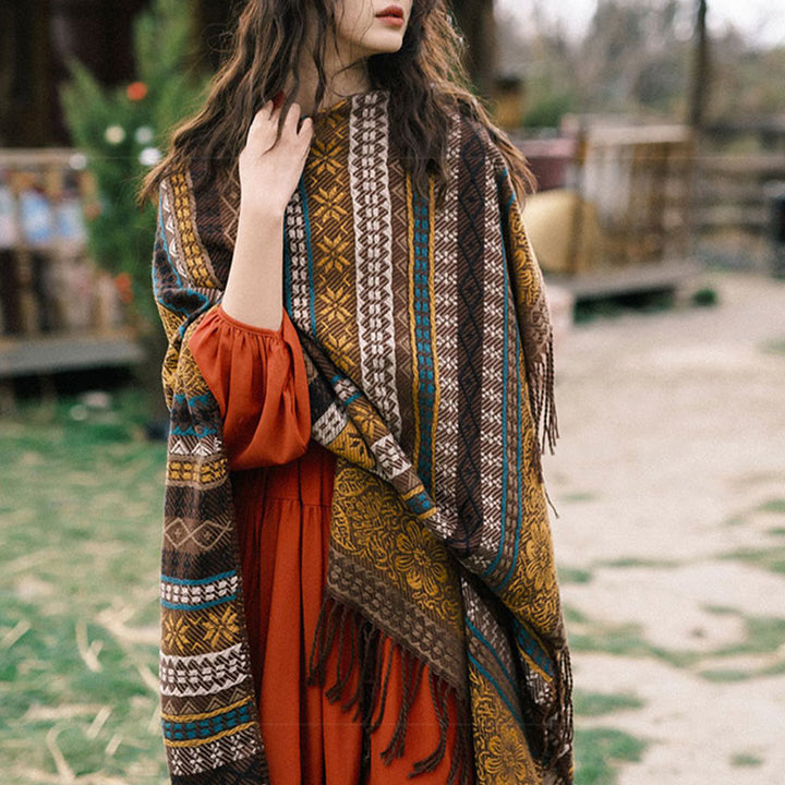 Buddha Stones幾何学模様 横縞 花 葉 タッセル ショール 秋冬 心地よいスカーフ ラップ