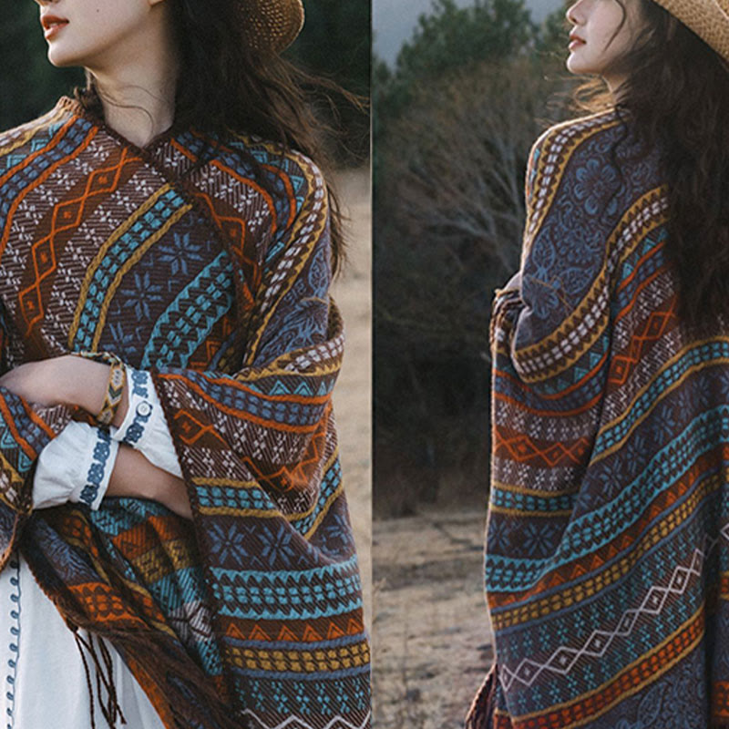 Buddha Stones幾何学模様 横縞 花 葉 タッセル ショール 秋冬 心地よいスカーフ ラップ