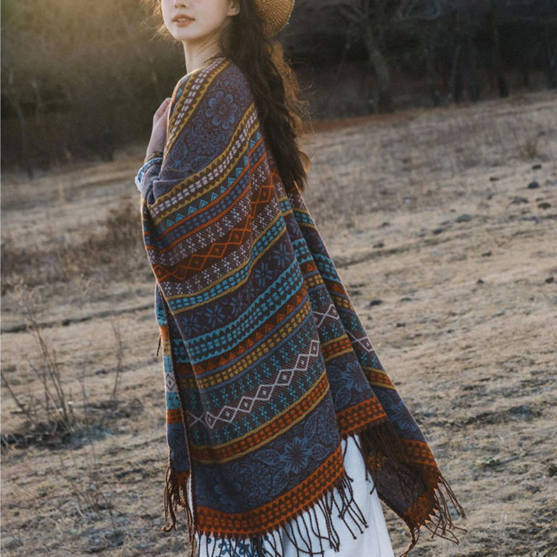 Buddha Stones幾何学模様 横縞 花 葉 タッセル ショール 秋冬 心地よいスカーフ ラップ