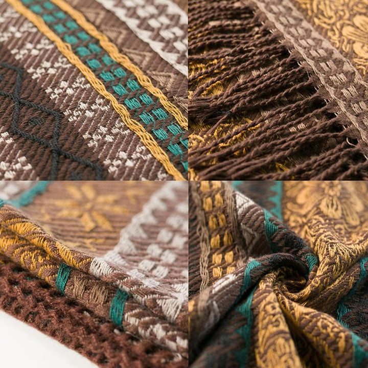 Buddha Stones幾何学模様 横縞 花 葉 タッセル ショール 秋冬 心地よいスカーフ ラップ