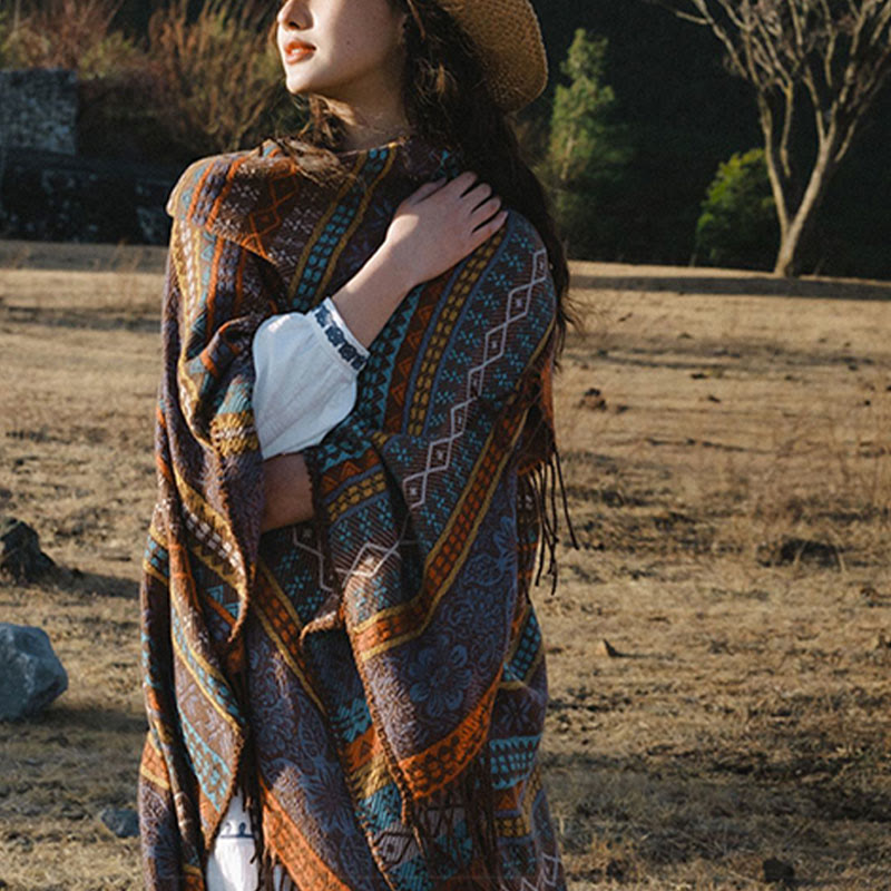 Buddha Stones幾何学模様 横縞 花 葉 タッセル ショール 秋冬 心地よいスカーフ ラップ