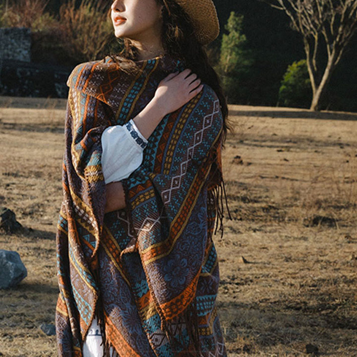 Buddha Stones幾何学模様 横縞 花 葉 タッセル ショール 秋冬 心地よいスカーフ ラップ