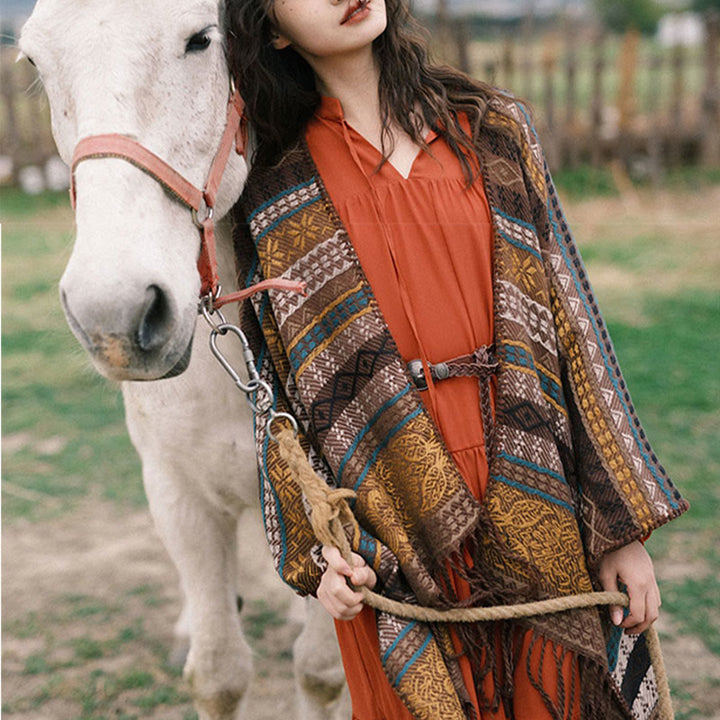 Buddha Stones幾何学模様 横縞 花 葉 タッセル ショール 秋冬 心地よいスカーフ ラップ