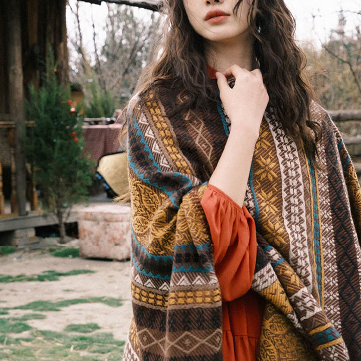 Buddha Stones幾何学模様 横縞 花 葉 タッセル ショール 秋冬 心地よいスカーフ ラップ