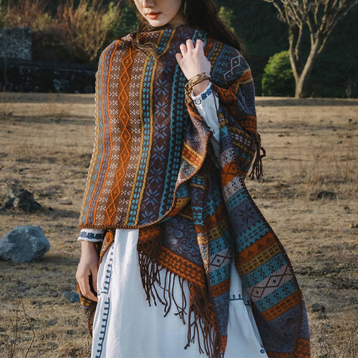 Buddha Stones幾何学模様 横縞 花 葉 タッセル ショール 秋冬 心地よいスカーフ ラップ