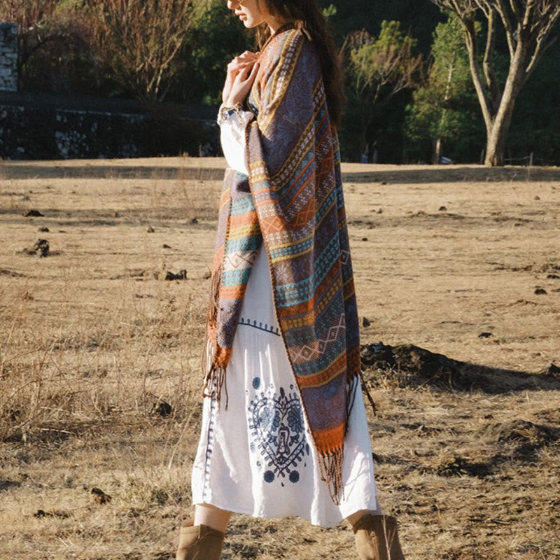 Buddha Stones幾何学模様 横縞 花 葉 タッセル ショール 秋冬 心地よいスカーフ ラップ