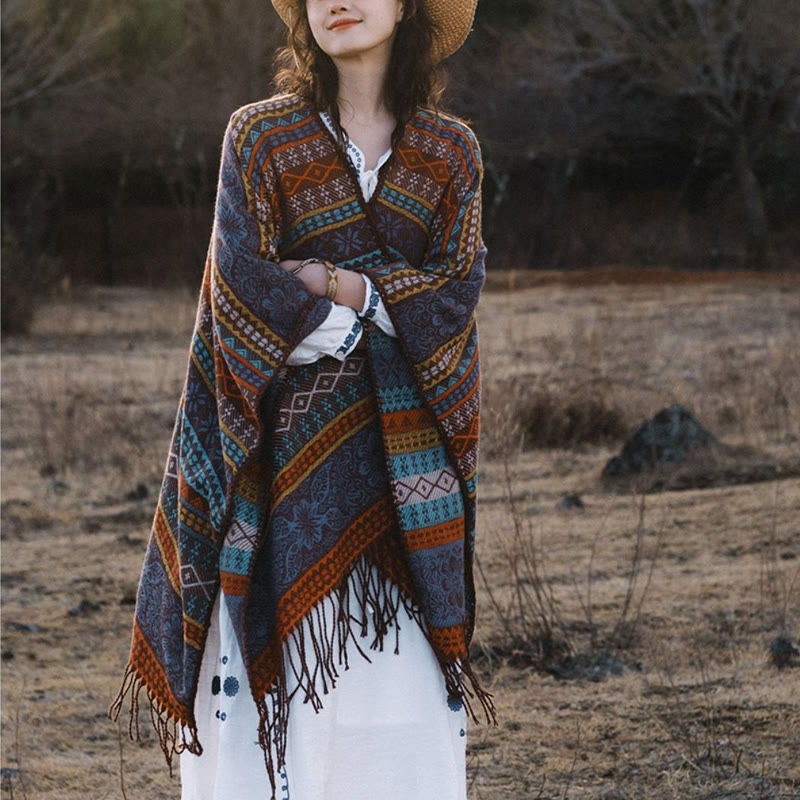 Buddha Stones幾何学模様 横縞 花 葉 タッセル ショール 秋冬 心地よいスカーフ ラップ