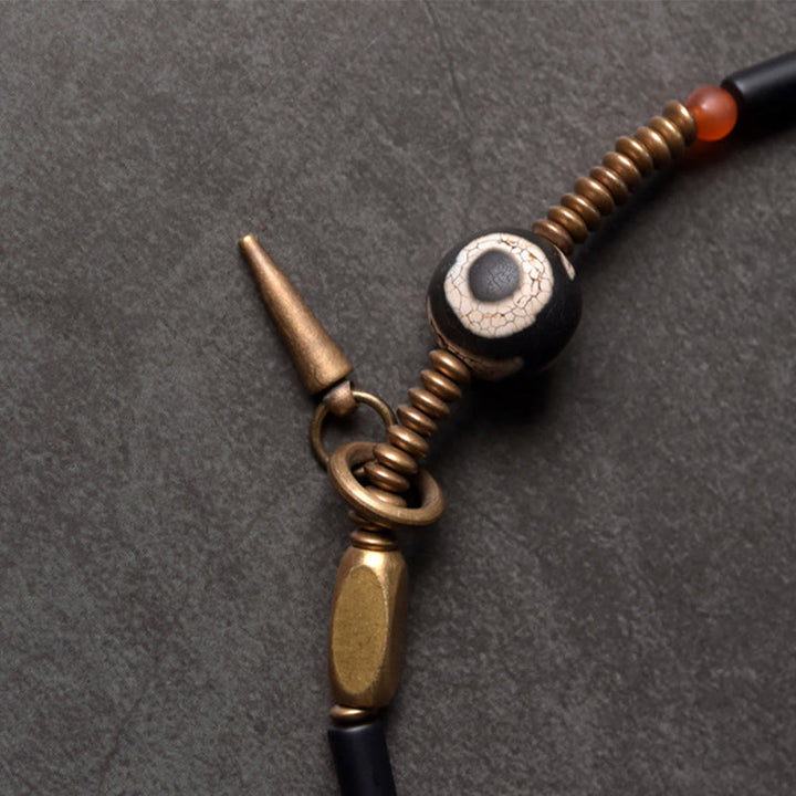 Buddha Stonesブラックオニキス 銅製 Dzi ビーズ コーンペンダント ダブルラップ プロテクションブレスレット