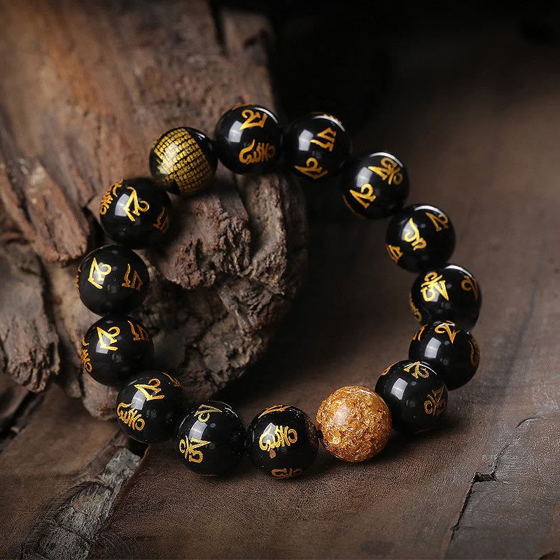 Buddha Stones六つの真実の言葉オーム・マニ・パドメ・フムレインボーオブシディアン 金箔 創造性ブレスレット