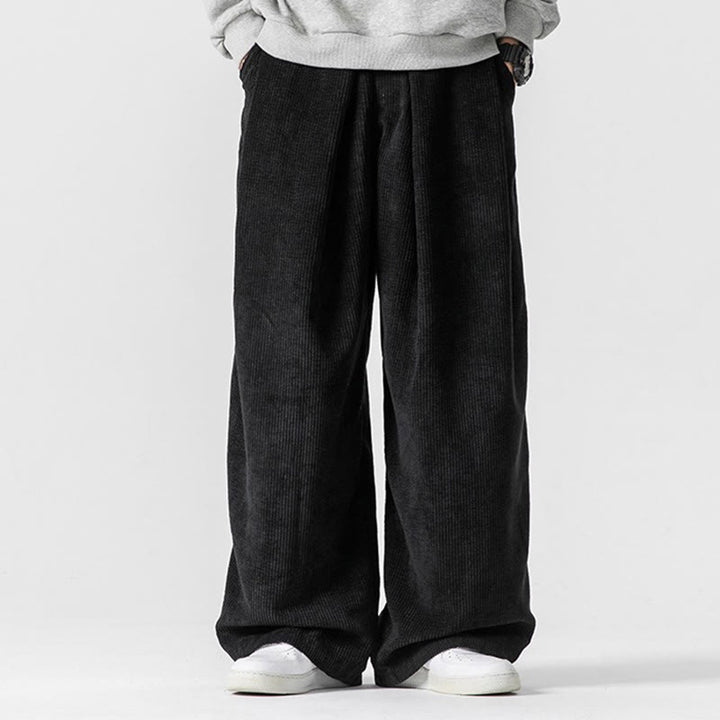 Buddha Stones無地コットンコーデュロイメンズワイドレッグパンツ(ポケット付き)