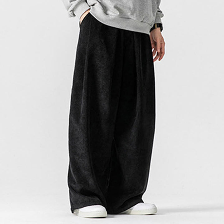 Buddha Stones無地コットンコーデュロイメンズワイドレッグパンツ(ポケット付き)
