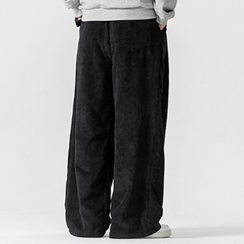 Buddha Stones無地コットンコーデュロイメンズワイドレッグパンツ(ポケット付き)