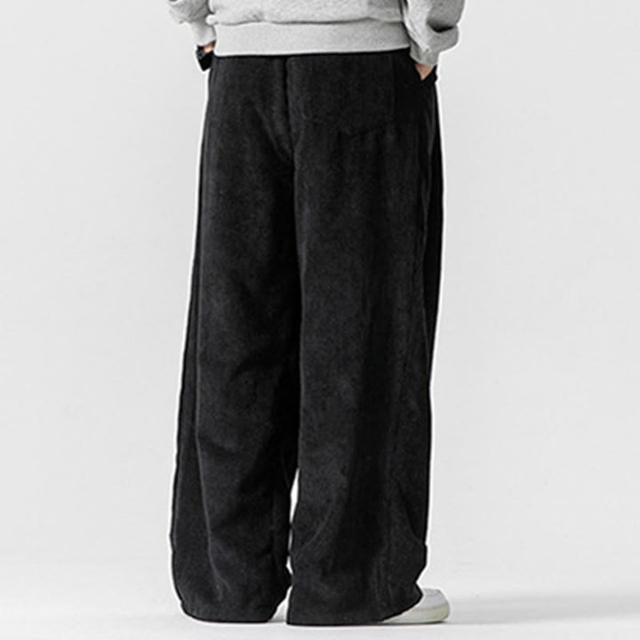 Buddha Stones無地コットンコーデュロイメンズワイドレッグパンツ(ポケット付き)