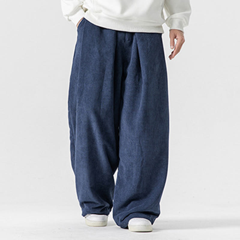Buddha Stones無地コットンコーデュロイメンズワイドレッグパンツ(ポケット付き)