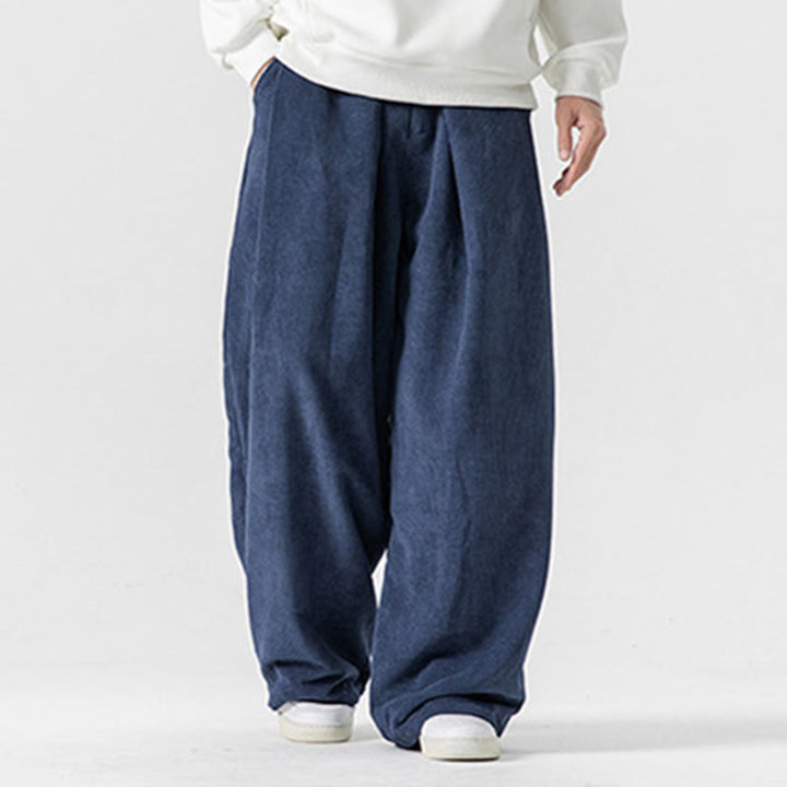 Buddha Stones無地コットンコーデュロイメンズワイドレッグパンツ(ポケット付き)