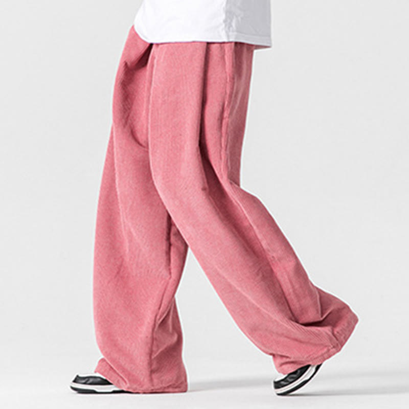 Buddha Stones無地コットンコーデュロイメンズワイドレッグパンツ(ポケット付き)