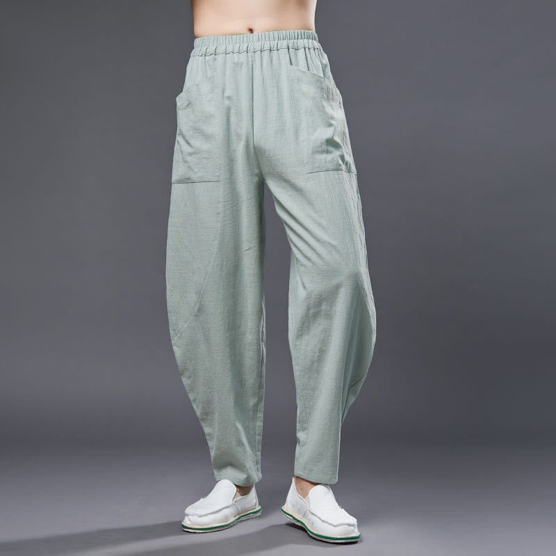 Buddha Stones無地コットンラミーリネンメンズ伸縮性ウエストハーレムパンツ(ポケット付き)