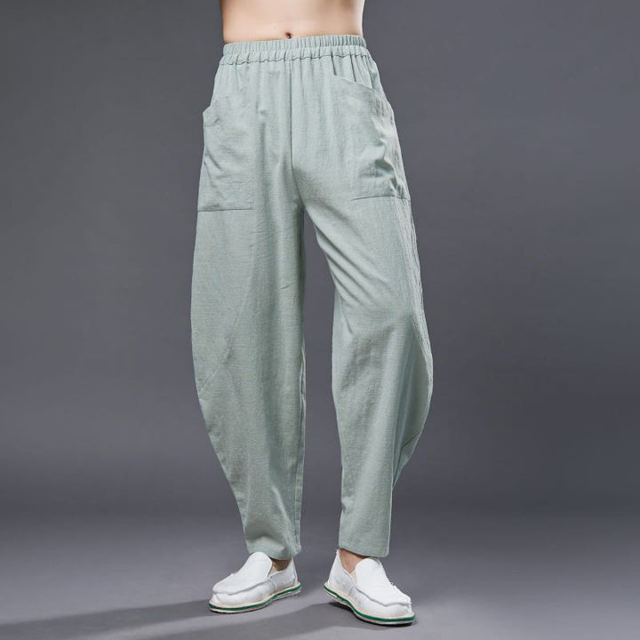 Buddha Stones無地コットンラミーリネンメンズ伸縮性ウエストハーレムパンツ(ポケット付き)