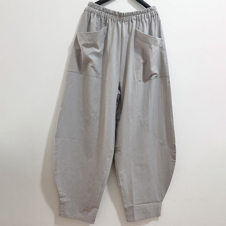 Buddha Stones無地コットンラミーリネンメンズ伸縮性ウエストハーレムパンツ(ポケット付き)