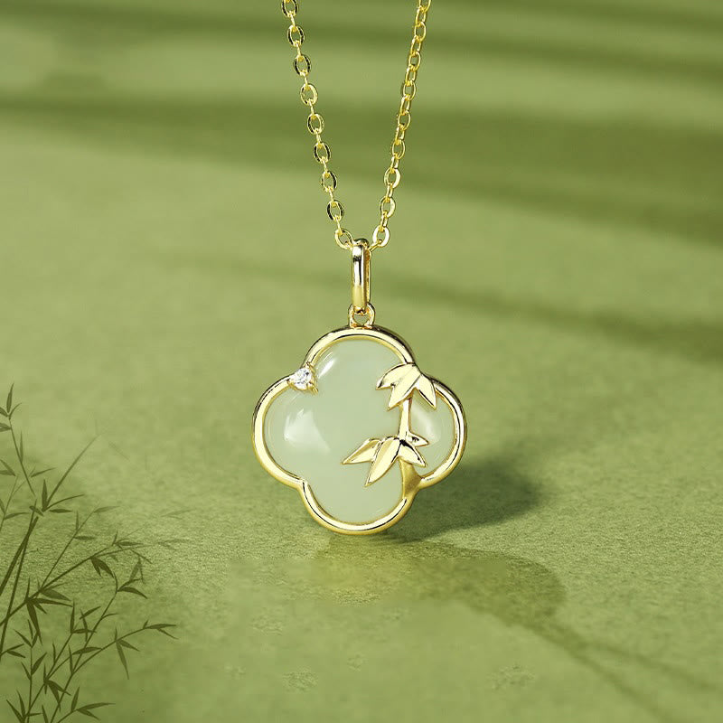 Buddha Stones和田翡翠 925 スターリングシルバー 四つ葉のクローバー 竹の成長 ネックレス ペンダント