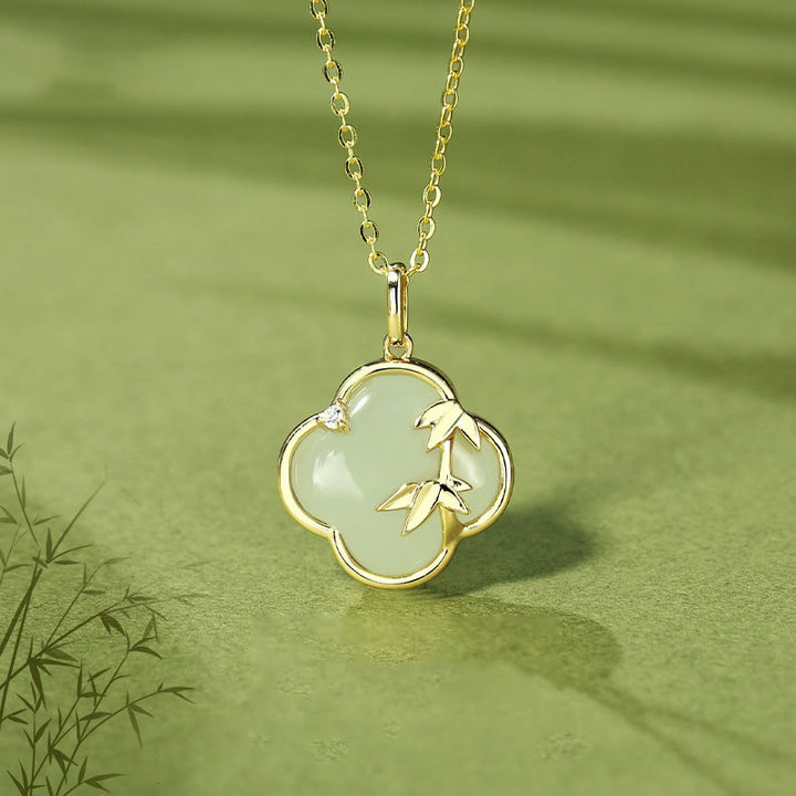 Buddha Stones和田翡翠 925 スターリングシルバー 四つ葉のクローバー 竹の成長 ネックレス ペンダント