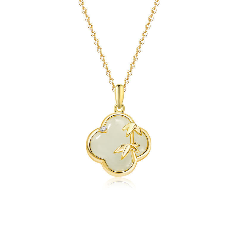 Buddha Stones和田翡翠 925 スターリングシルバー 四つ葉のクローバー 竹の成長 ネックレス ペンダント