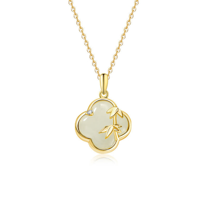 Buddha Stones和田翡翠 925 スターリングシルバー 四つ葉のクローバー 竹の成長 ネックレス ペンダント