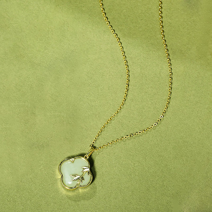 Buddha Stones和田翡翠 925 スターリングシルバー 四つ葉のクローバー 竹の成長 ネックレス ペンダント