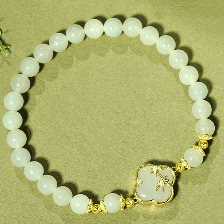 Buddha Stones和田翡翠 925 スターリングシルバー 四つ葉のクローバー 竹製 幸運のブレスレット