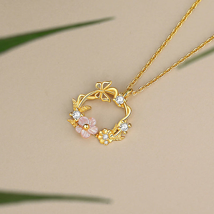 Buddha Stones925スターリングシルバー キュービックジルコニア シェルバタフライ ピーチブロッサム ブレッシングネックレスペンダント - image 2