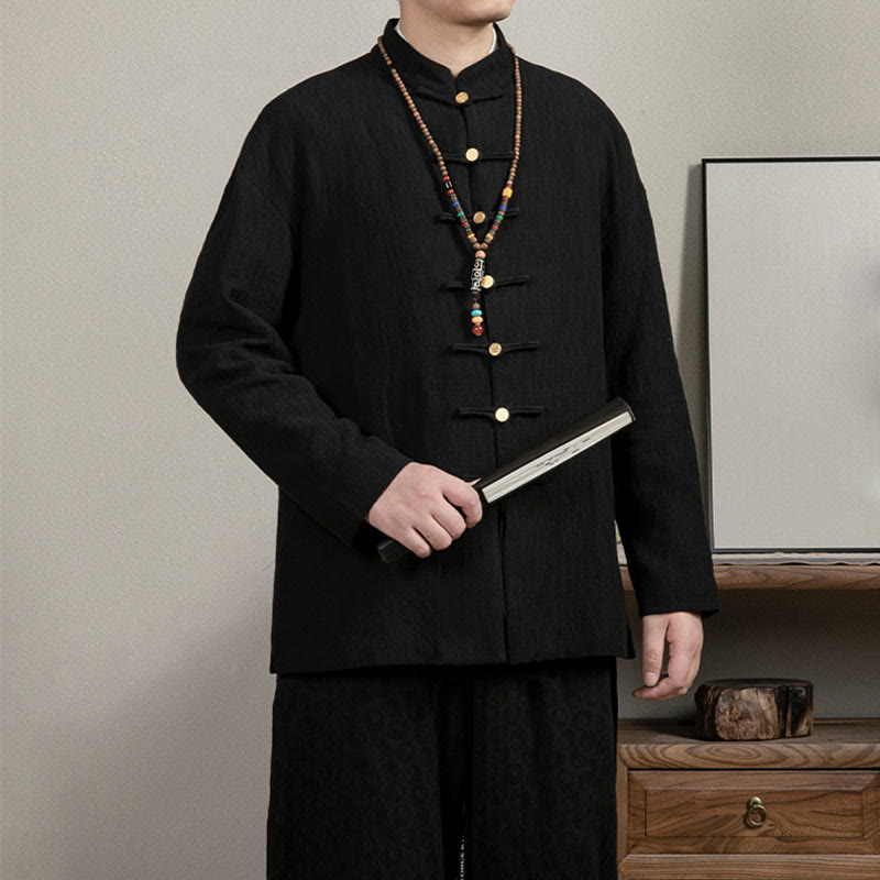 Buddha Stonesカジュアル フロッグボタン タンスーツ ジャカード リネン メンズ シャツ