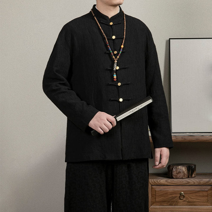 Buddha Stonesカジュアル フロッグボタン タンスーツ ジャカード リネン メンズ シャツ